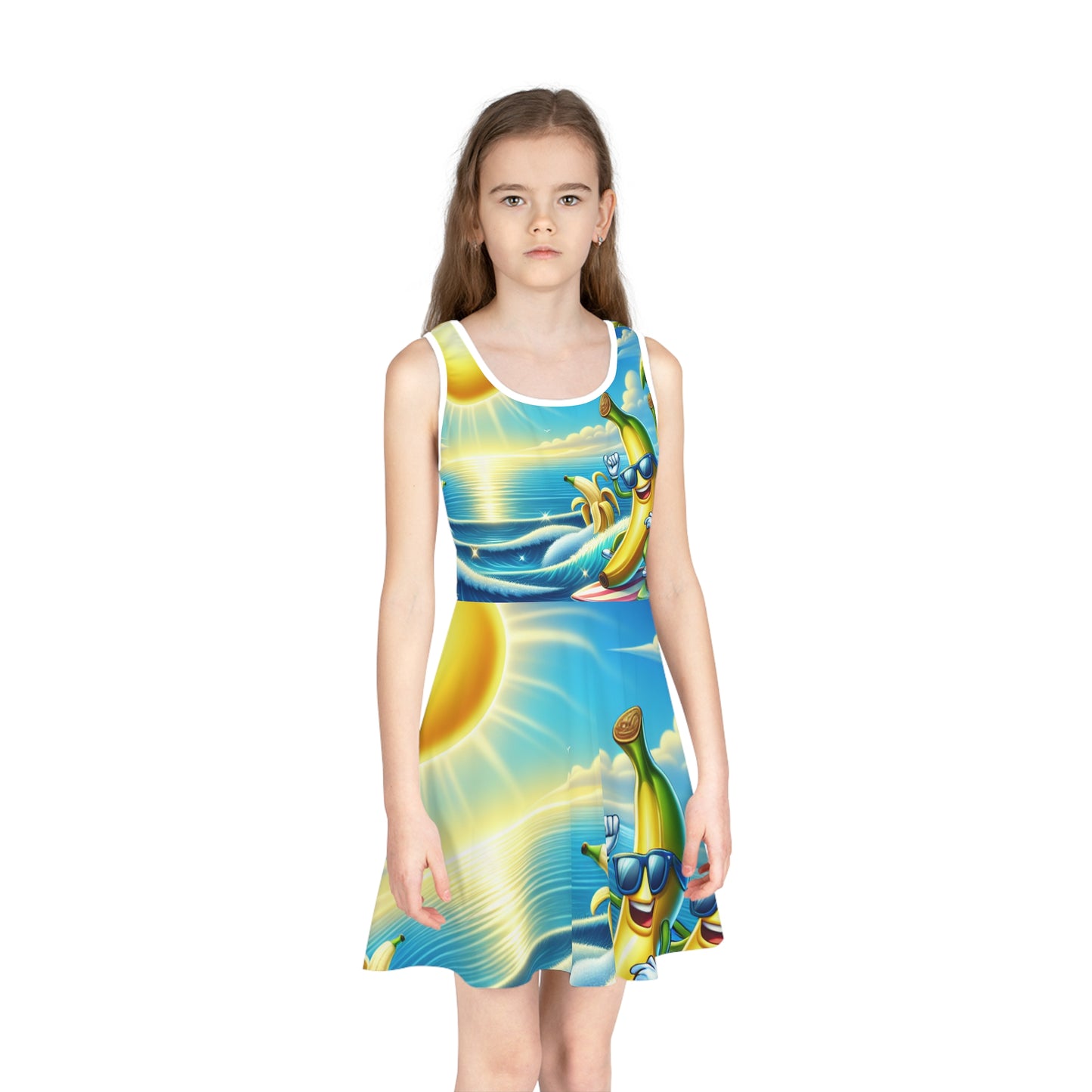 Beautifully crafted Tropical Banana Surfers Girls Sundress by Dazzling Dreams Studio, ideal for special occasions and outdoor adventures during summer.