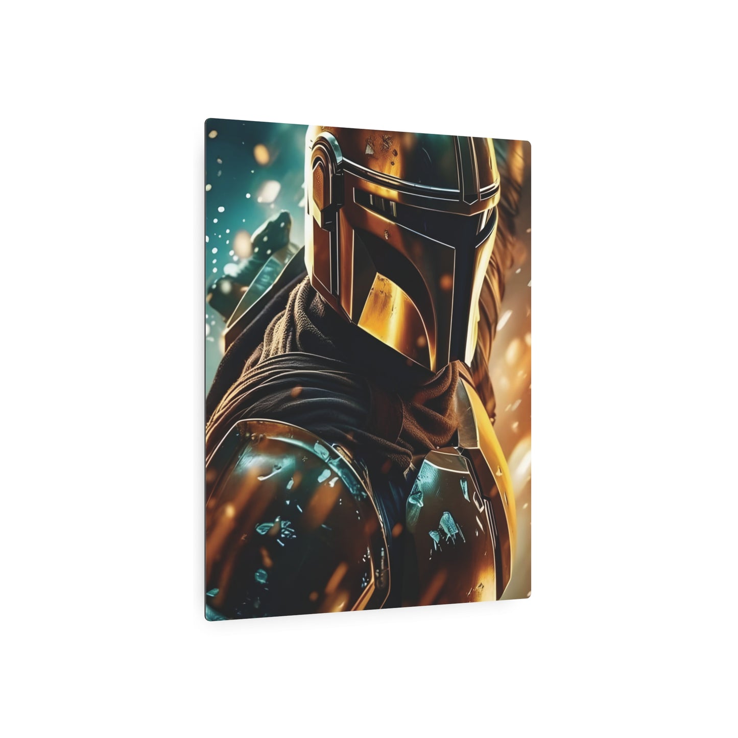 Captivating Mandalorian Star Wars Metal Art Poster, embodying sophistication and charm, suitable for enhancing any sophisticated decor.