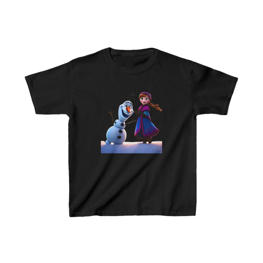 Kids Cute Frozen Olaf and Elsa T-shirt showcasing charming designs of Olaf and Elsa on a black heavy cotton tee, perfect for young fans of the Frozen franchise.