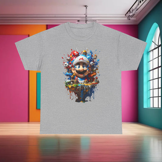 M a r i o ' s Colorful Adventure Graphic T-Shirt in grey, showcasing a striking depiction of Mario amidst a kaleidoscope of vibrant paint splatters, perfect for adding a playful touch to any outfit.