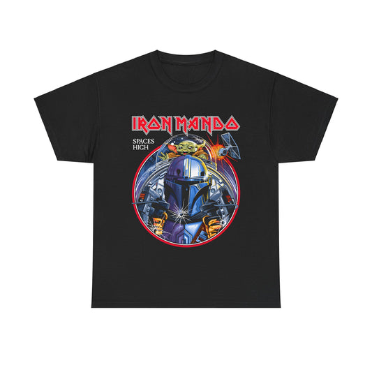 Iron Mando Graphic Tee in black, showcasing a stylish Mandalorian design with vibrant artwork, ideal for fans of the Star Wars saga.