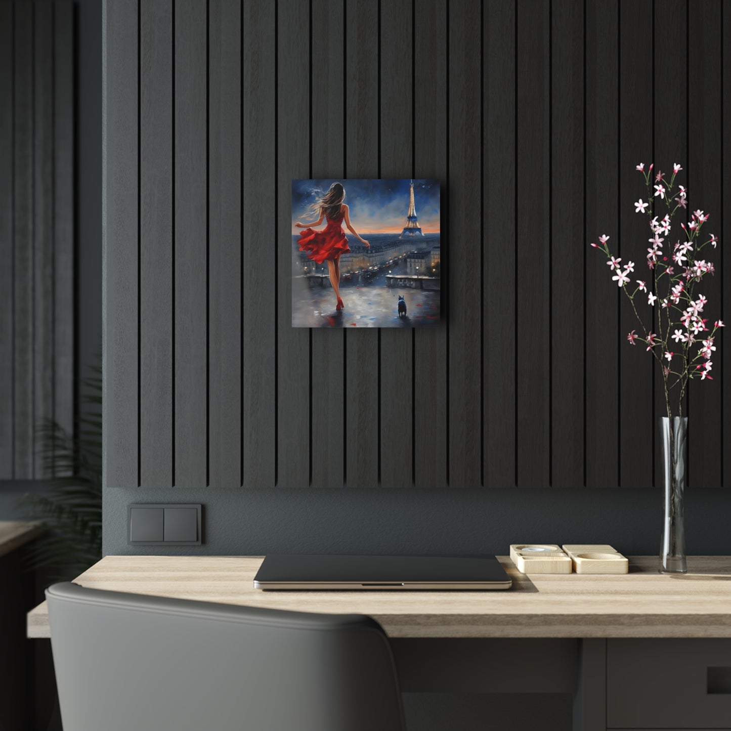 Captivating Enchantment: City Stroll Acrylic Print elegantly showcased in a modern office space, enhancing the decor with a vibrant Parisian night scene that inspires creativity.