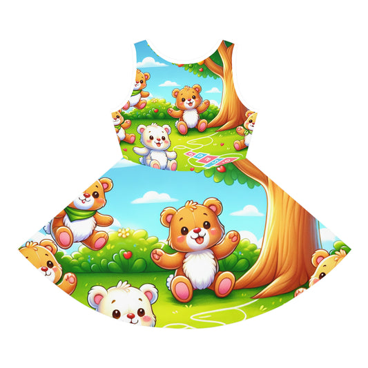 Girls Teddy Bear Playtime Sundress featuring an enchanting pattern of cheerful teddy bears in a sunny outdoor setting, ideal for summer fun and elegant playtime.