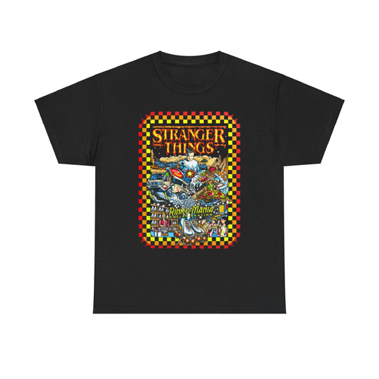 Front view of a premium black t-shirt adorned with colorful Stranger Things Rink O Mania graphic, perfect for fans of retro nostalgia and stylish apparel.
