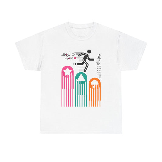Elegant Squid Game graphic t-shirt featuring a striking design with vibrant colours on a pristine white background, perfect for adding a dash of avant-garde style to your urban wardrobe.