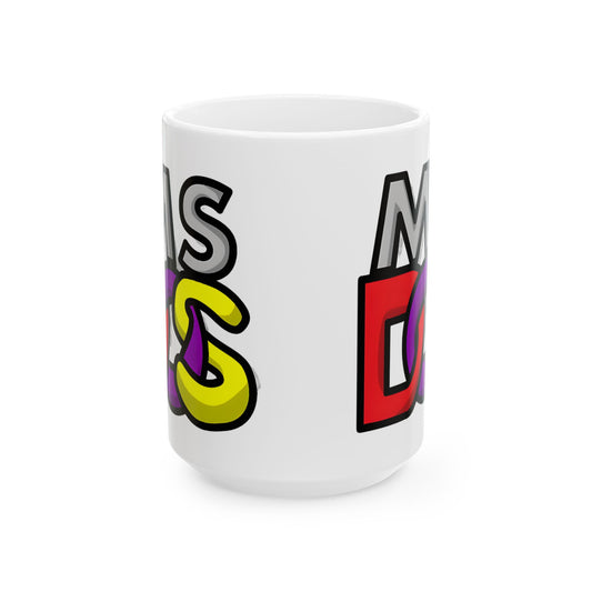 MS-DOS Logo Retro Ceramic Mug shown full of coffee, fueling tech enthusiasts one sip at a time in a hilariously retro style.
