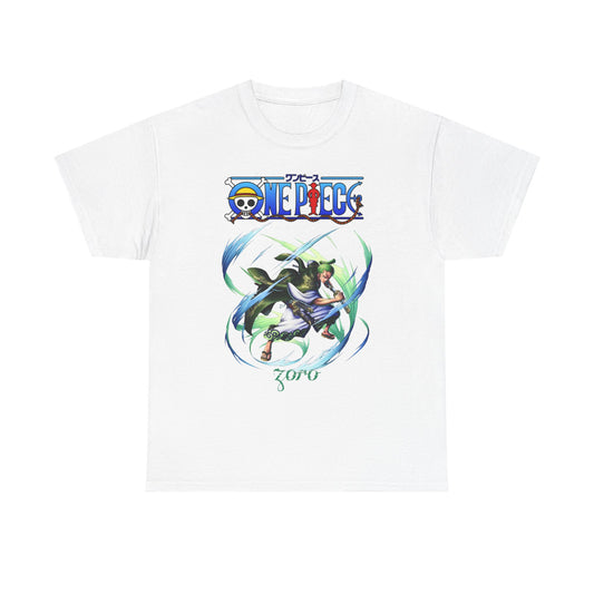 Luxurious white t-shirt featuring an artistic illustration of Zoro from One Piece, elegantly posed in action with vibrant energy waves, ideal for anime enthusiasts.