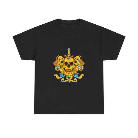 Elegant black men's t-shirt showcasing a captivating skull illustration with intricate scrollwork, a luminous dagger, and dynamic dragon accents in rich gold-yellow tones.