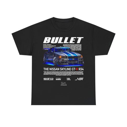 Luxury Nissan Skyline GT-R R34 graphic T-shirt in black, showcasing full-colour design and car specifications, ideal for automotive enthusiasts.
