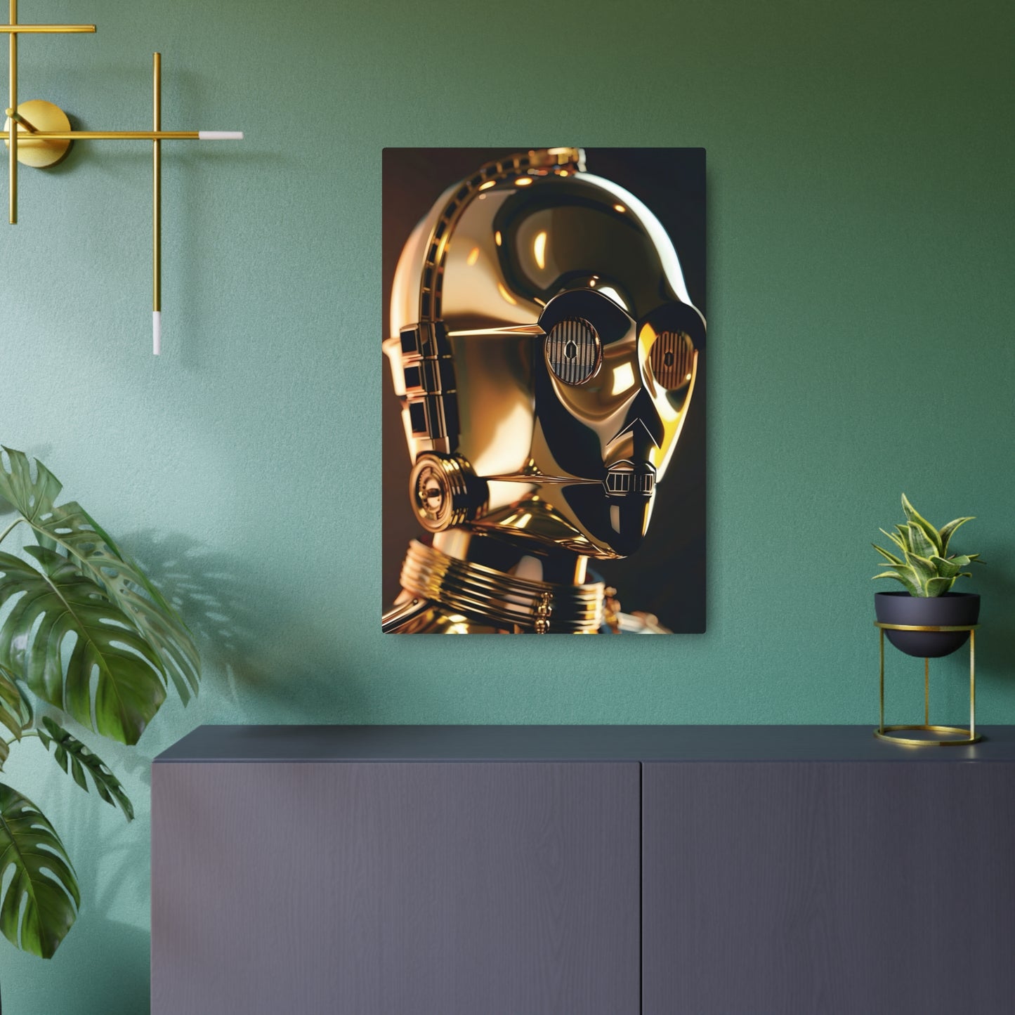 C3PO Star Wars Metal Art Poster adorning a modern living space, reflecting warmth and nostalgia while serving as a stunning focal point for any art enthusiast.