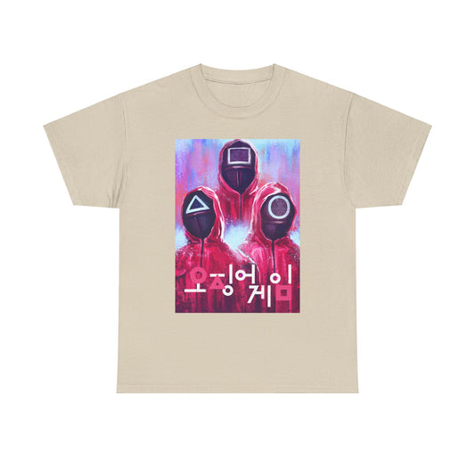 Luxurious unisex graphic t-shirt featuring a striking design inspired by the iconic Squid Game series, showcasing triangular, square, and circular symbols against a vivid pink backdrop.
