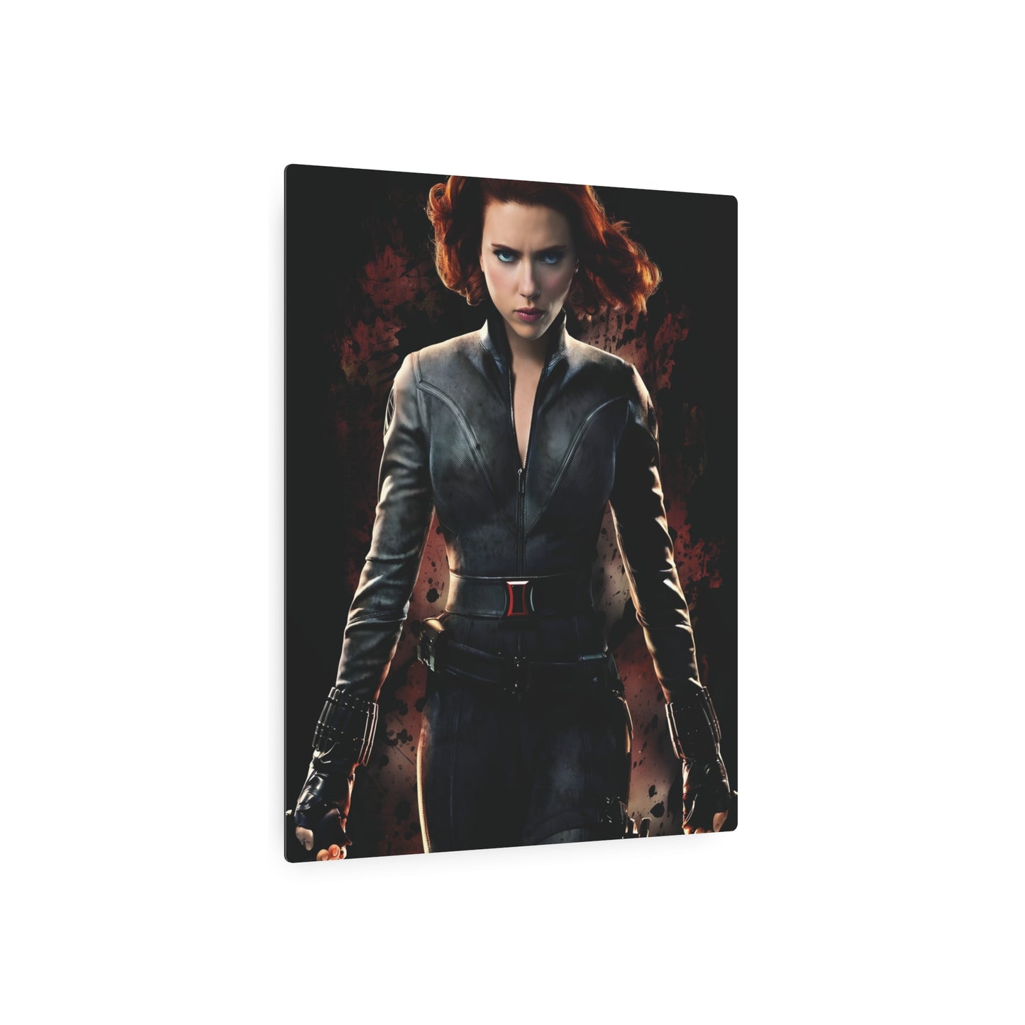 Close-up view of the Marvel Black Widow Metal Art Poster on high-quality matte aluminium, capturing the powerful aesthetic of Black Widow, ideal for sophisticated interiors.