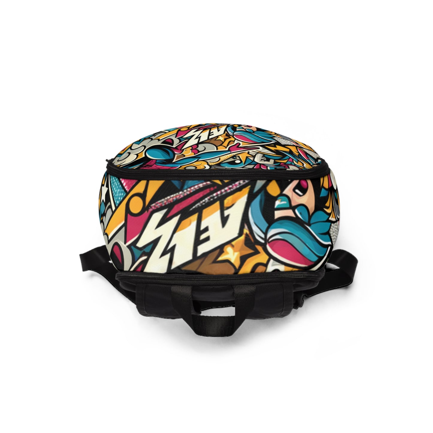 Top view of the luxury backpack, showcasing the stunning abstract elegance in monochrome harmony, embellished with colourful comic art and stylish contours.