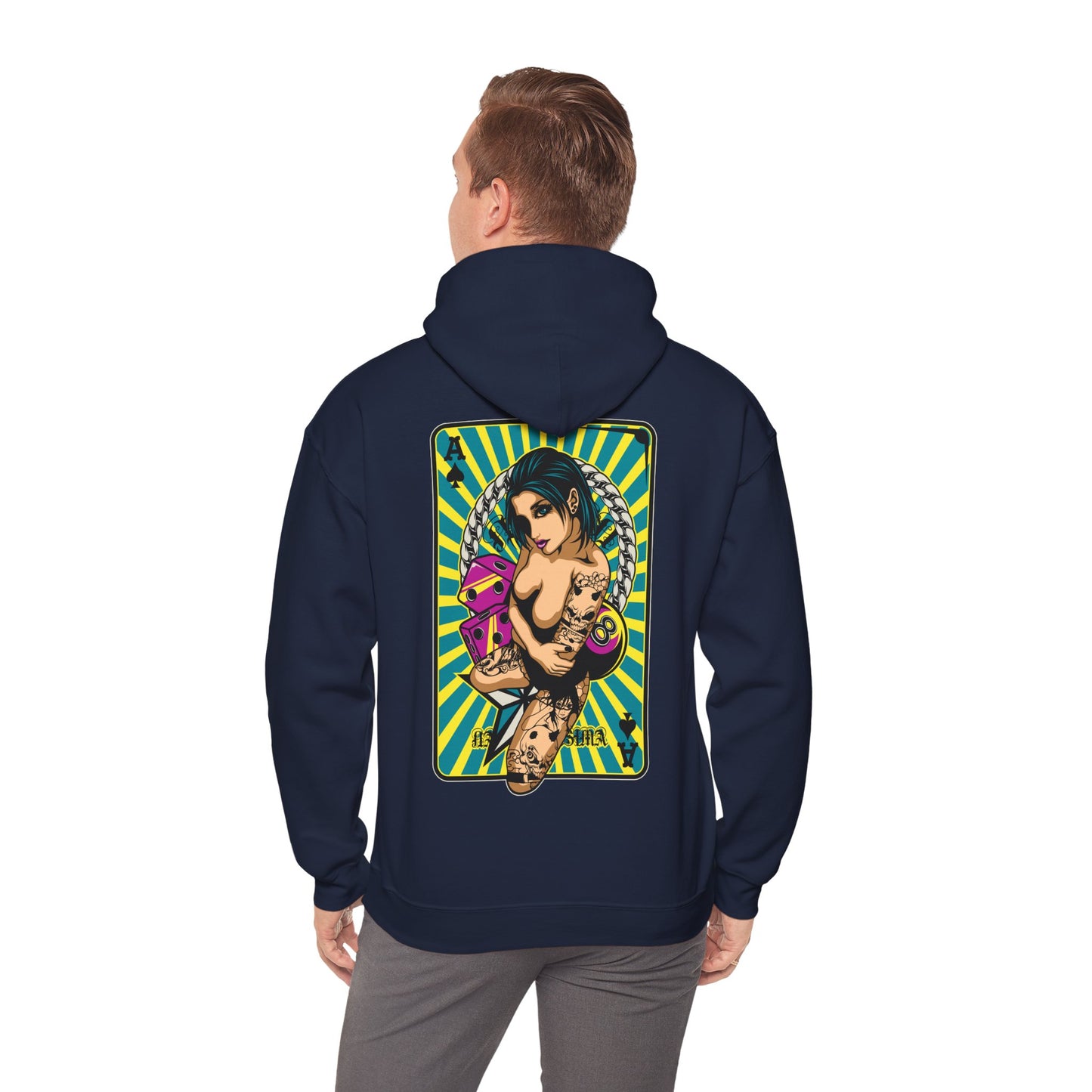 Luxurious navy hoodie featuring a vibrant, bold tattooed woman design, highlighted by playing cards against an energetic turquoise and yellow striped background. Perfect for making a stylish statement.