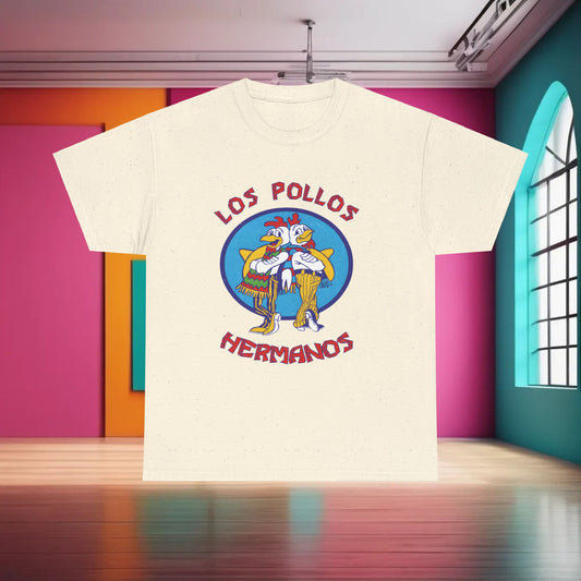 Breaking Bad Los Pollos Logo Graphic T-Shirt presented in an elegant atmosphere, featuring the memorable Los Pollos Hermanos design in light, premium cotton.