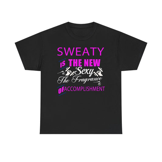 Elegant black motivational t-shirt showcasing a chic design with the phrase 'SWEATY IS THE NEW SEXY' in striking pink and black typography, perfect for fitness lovers.