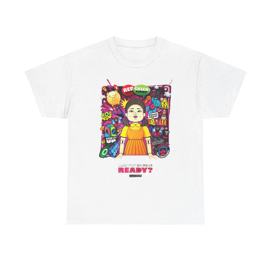 Luxurious oversized white tee adorned with a striking Squid Game graphic, including playful game elements and the phrase 'ARE YOU READY?', ideal for a unique and fashionable look.