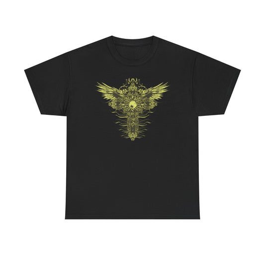 Elegant black men's t-shirt showcasing a unique graphic of intricate cross and majestic wings in striking yellow-gold tones.