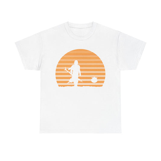 Mandalorian Sunset Graphic Unisex T-Shirt in Premium Soft Cotton - An elegant white graphic tee showcasing the Mandalorian silhouette with a warm sunset backdrop, ideal for fans of exquisite Star Wars artistry.
