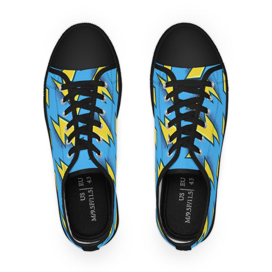 A top view of Bolt Brightley Men's Lowtop Sneakers, featuring a striking blue base adorned with bold yellow lightning bolts, combining comfort and style for the modern individual.