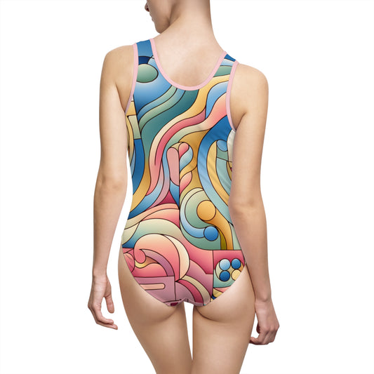 Stylish Energetic Move Women's One-Piece Swimsuit featuring vibrant pastel pink and modern abstract designs on the back, made from quick-dry fabric for ultimate comfort.