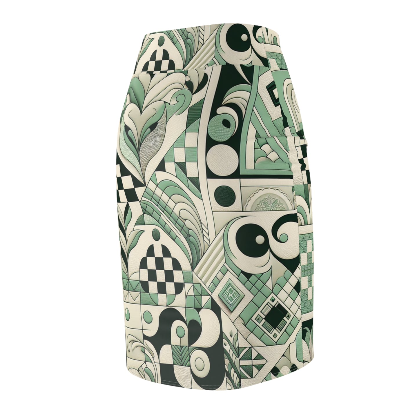 Close-up view of the Vivienne Lacroix Pastel Green Pencil Skirt highlighting its luxurious fabric and intricate design, a stunning creation from Dazzling Dreams Studio.