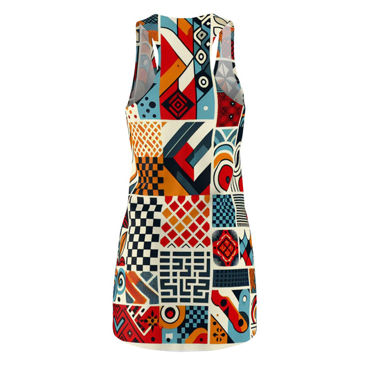 Close-up of the Elara Stirling Contemporary Art Dress featuring radiant red checkerboard patterns, highlighting the high-quality material and stylish femininity for a sophisticated appeal.