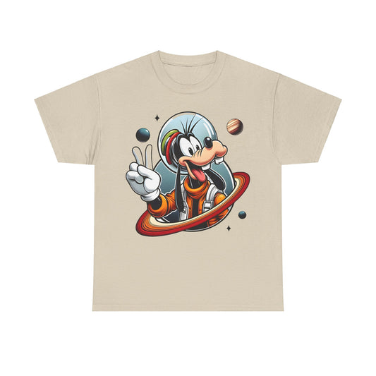 Blast Off with Goofy Astronaut Graphic Unisex Tee Shirt in beige, showcasing Goofy in a vibrant orange spacesuit surrounded by celestial elements, ideal for an elegant yet playful fashion choice.