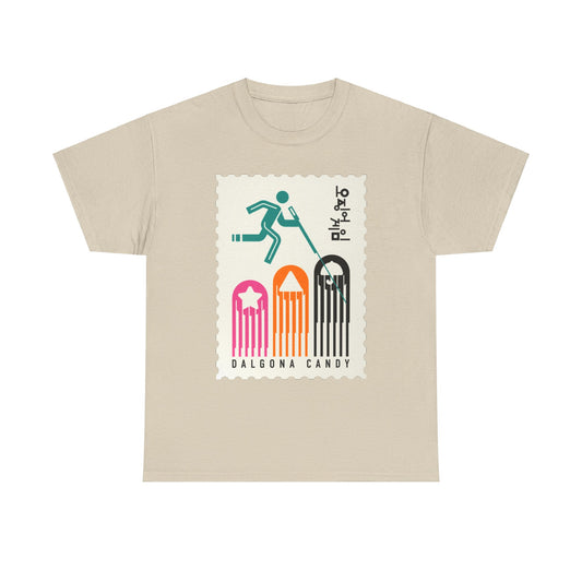 Luxurious beige unisex tee showcasing a whimsical illustration of the Dalgona candy game, ideal for those who appreciate unique and trendy apparel inspired by popular culture.