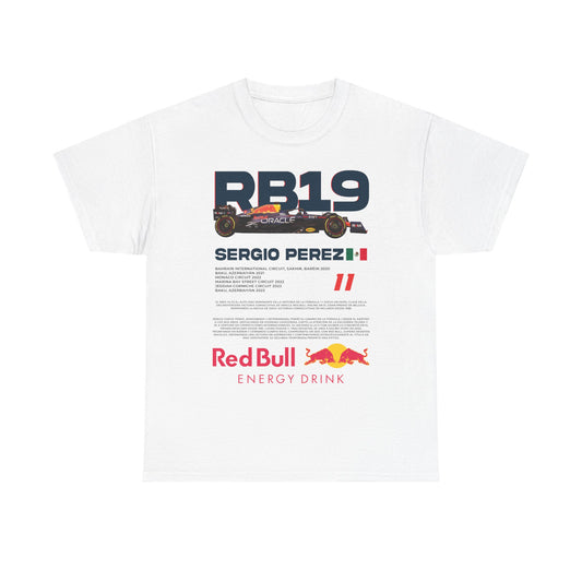 Stylish white men's t-shirt featuring a striking RB19 graphic, Sergio Perez name, and Red Bull branding, ideal for Formula 1 enthusiasts.