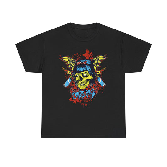 Black skull graphic t-shirt showcasing a bold yellow skull adorned with wings, striking blood splatter effect, and 'Zombie Star' lettering, perfect for edgy style.