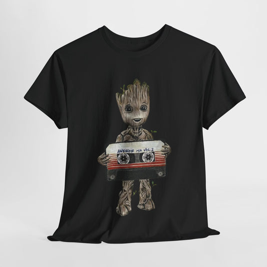 Luxury Baby Groot Awesome Mixtape Unisex T-Shirt in Black, showcasing a charming artistic depiction of Baby Groot with the classic Awesome Mix Vol. 2 cassette.