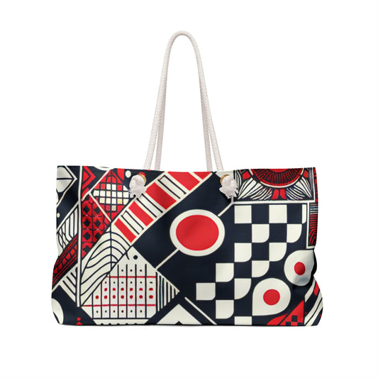 Valeria Belmonte Luxury Weekend Tote Bag by Dazzling Dreams Studio showcasing vibrant red checkerboard design with robust structure.
