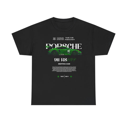 Sophisticated black Porsche 911 RS men's t-shirt showcasing an eye-catching green car graphic and impressive typography, perfect for car aficionados and style connoisseurs.