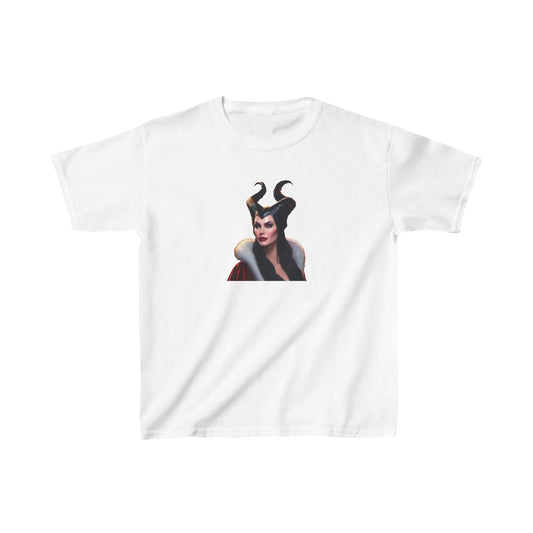 Maleficent Kids Tee showcasing the enchanting character with striking horns, offered in white, crafted from high-quality cotton, perfect for young Disney enthusiasts.