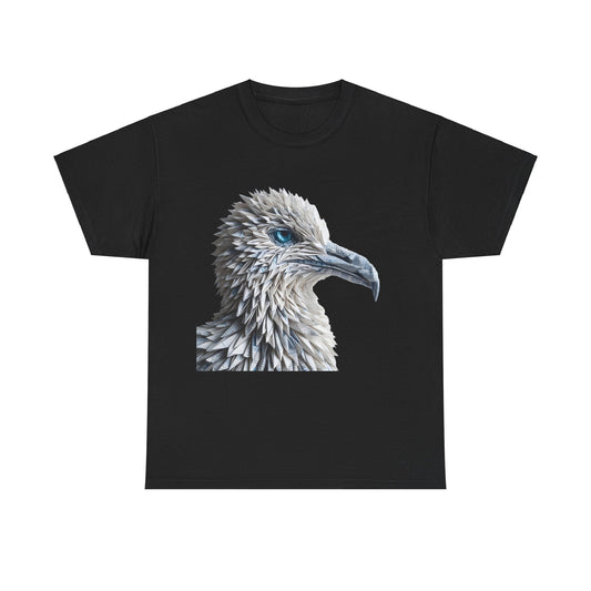 Sculpted Elegance Unisex Cotton Tee featuring an intricate origami bird design in a sleek black shade, highlighting a beautifully textured bird's head with a stunning turquoise eye.