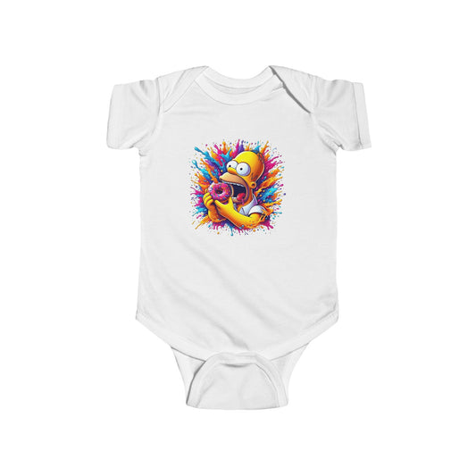 Baby's Unisex Urban Homer’s Hungry Delight Jersey Bodysuit featuring Homer Simpson mid-bite with a vibrant donut design, presented on a white background.