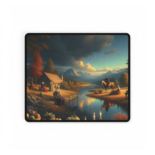 Lunaria Spectroscape Edvard Munch-Inspired Desk Mat showcasing a picturesque landscape with a serene river, people in historical attire, and majestic mountains under a dramatic sky. Perfect for an elegant workspace.