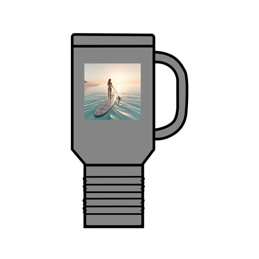 Fantasy Paddleboarding 40oz Insulated Travel Mug in grey, featuring a stunning paddleboarder scene, perfect for luxury hydration on adventures.