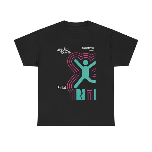 Sleek unisex black t-shirt with a modern Squid Game graphic, illustrating the 'Glass Stepping Stones' concept in striking turquoise and pink, ideal for trendsetters seeking distinctive style.