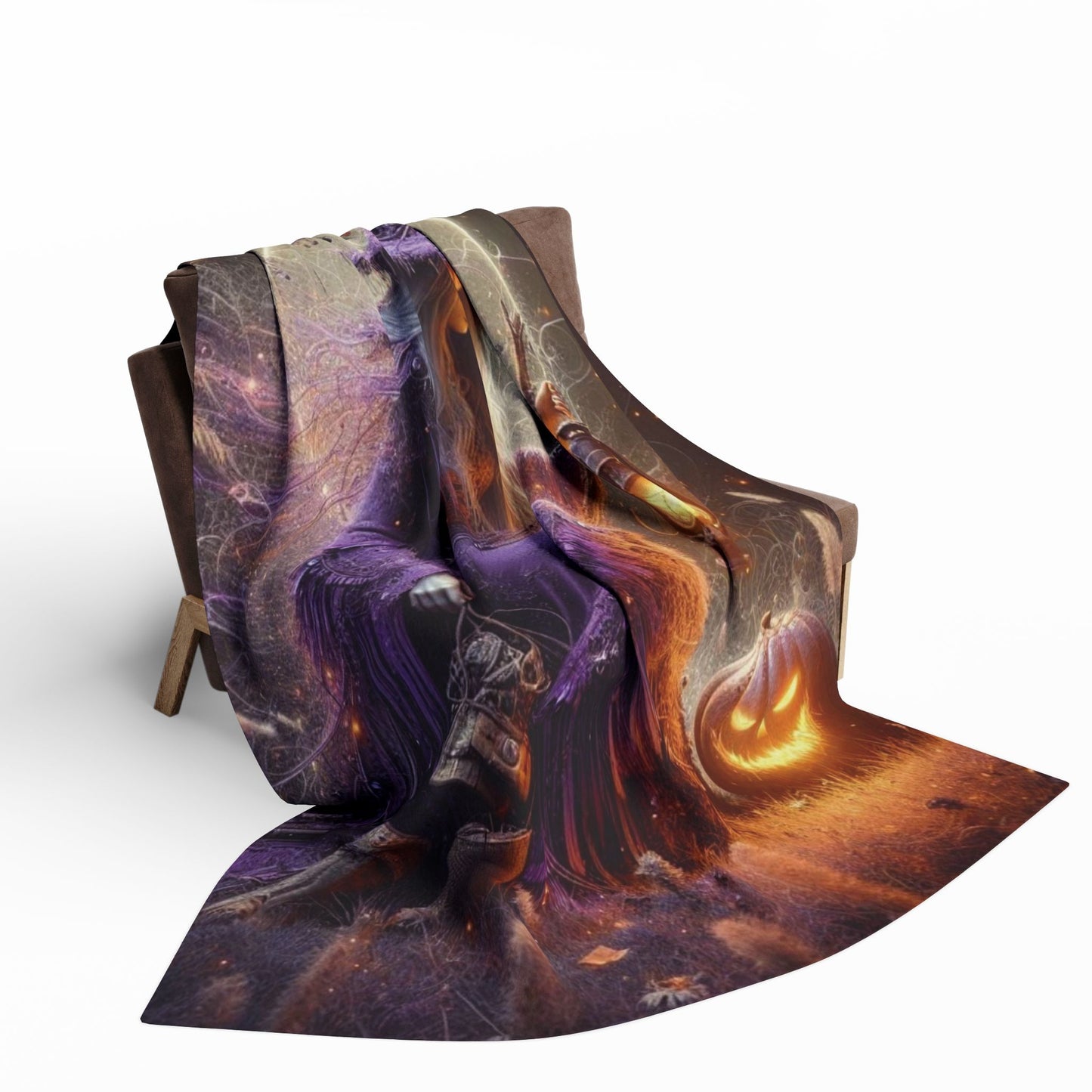 Stylish Decorative and Warm Halloween Spooky Arctic Fleece Blanket shown on a chair, adorned with whimsical Halloween imagery, ideal for seasonal gatherings.