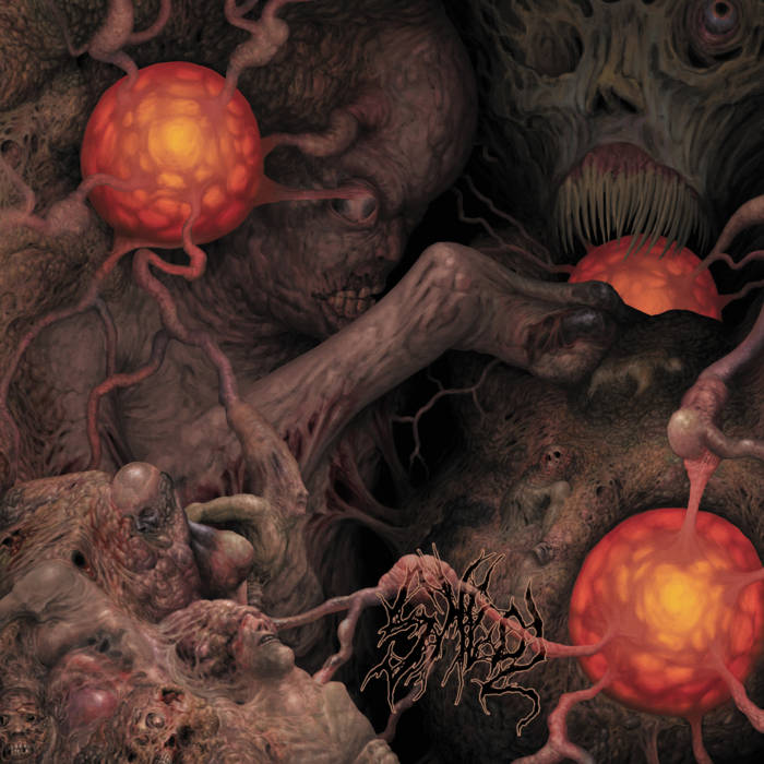 Official cover art for 'Insalubrity / Excrescence / Anal Stabwound / Theurgy - Sheol / 4-Way Split CD' from Rancid Offal Records, showcasing a luxurious blend of brutal death metal artistry.