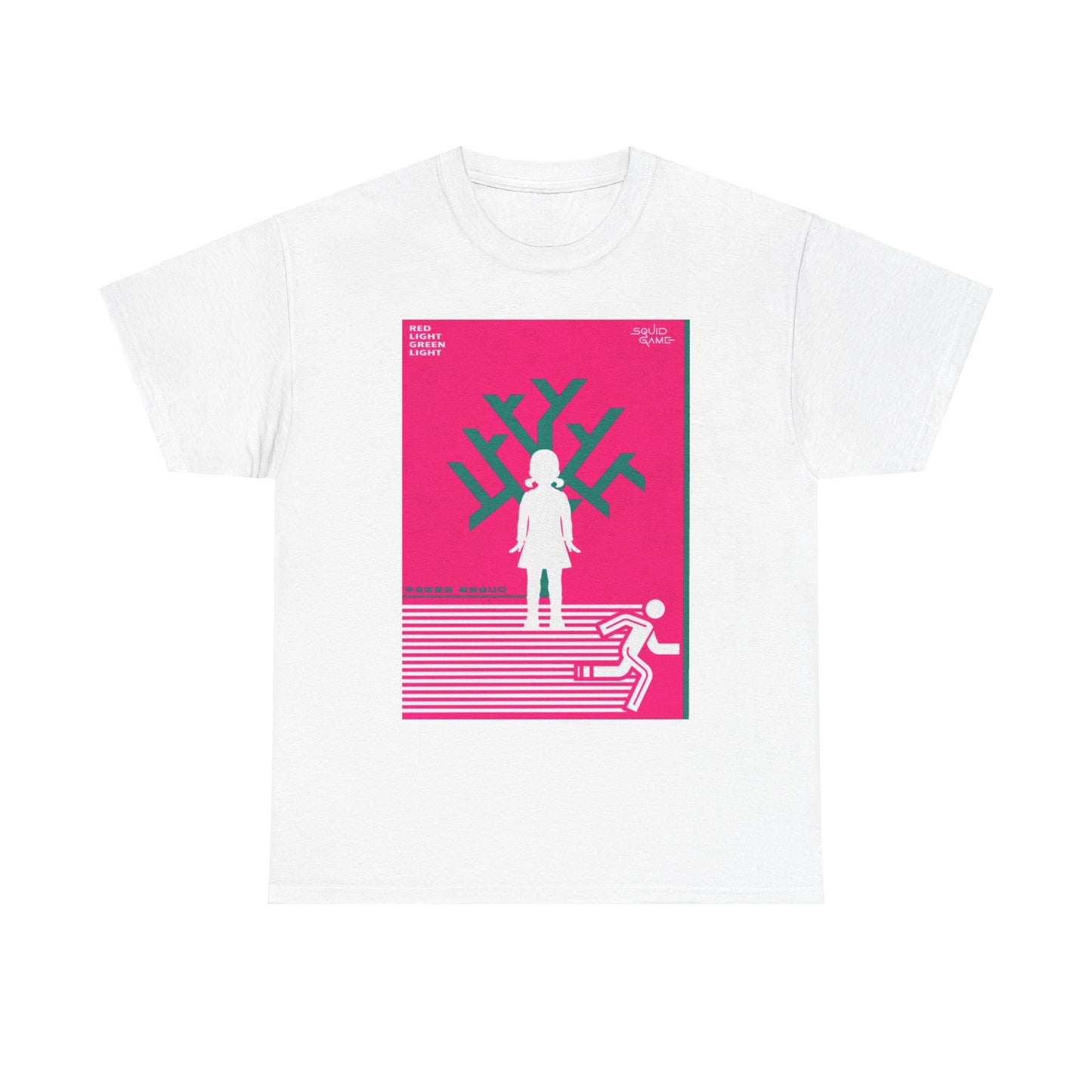 Front view of a white unisex t-shirt featuring a striking Squid Game graphic print, showcasing iconic imagery suitable for trendy wardrobe essentials.