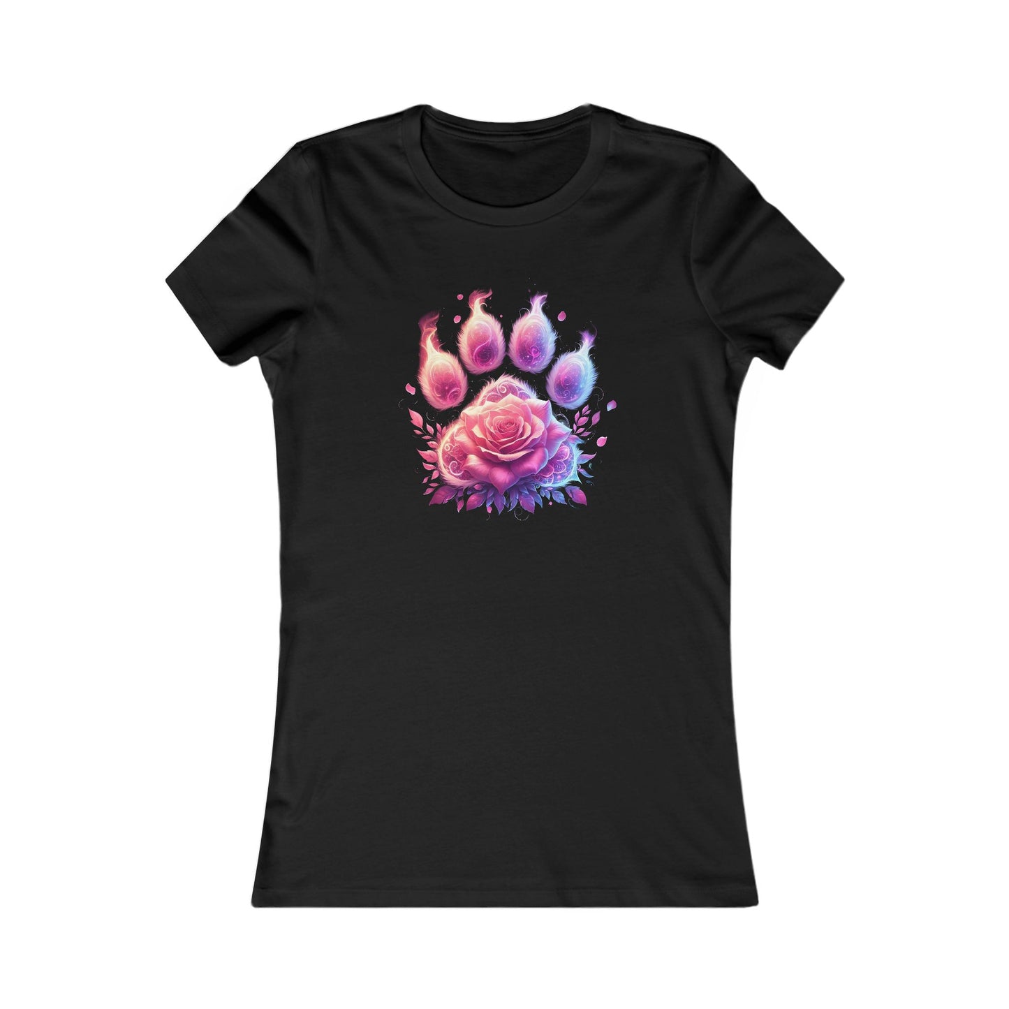Mystical Paw Print Graphic T-Shirt for Women featuring a vibrant cosmic design with a stylised paw print and a beautiful rose, crafted from premium cotton in black, perfect for a luxurious casual look.