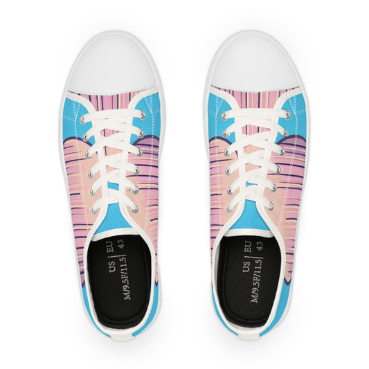 Zara Thunderstrike Lowtop Sneakers viewed from above, capturing the vibrant pop art design with pink pinstripes against a blue background, perfect for fashionable footwear enthusiasts.