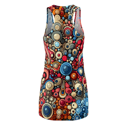 Back view of the Valentina Belleveau Blob-Art Racerback Dress showcasing its stunning blob art pattern and elegant racerback silhouette.