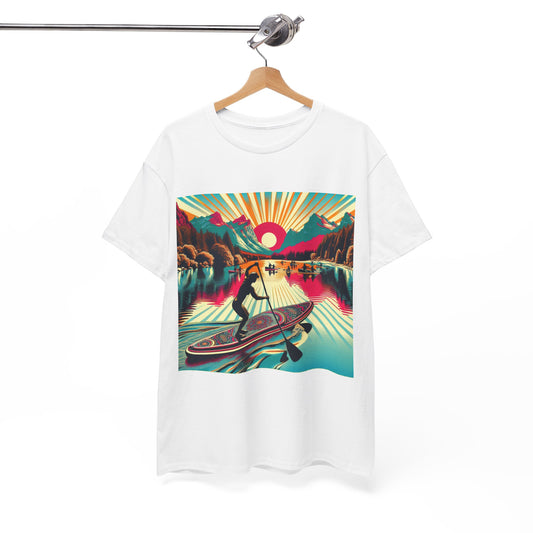Delightful Paddle Board T-Shirt for Water Sports Enthusiasts displayed on a stylish hanger, showcasing its luxury design with a stunning paddle boarding scene, perfect for nature lovers.