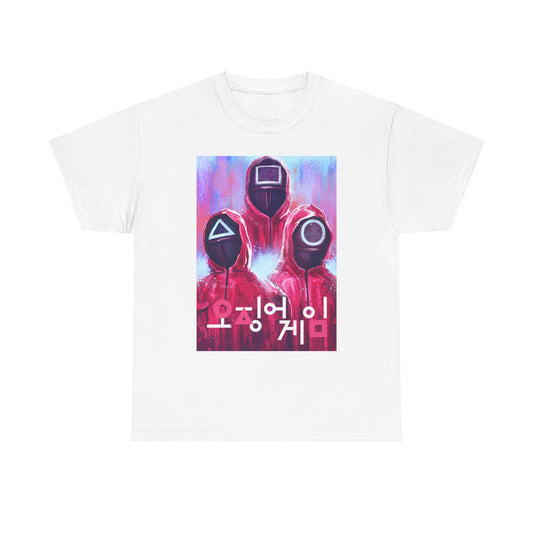 Elegant Squid Game-themed graphic tee displaying striking illustrations of mysterious masked characters on a crisp white canvas, ideal for stylish individuals seeking a unique statement piece.