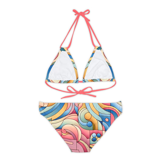 Pastel Pink Abstract Strappy Bikini Set featuring a unique abstract pattern, ideal for stylish beach days and poolside lounging.