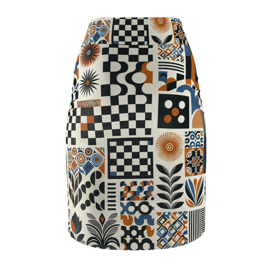 Evelyn Chicane Pencil Skirt showcasing a striking contemporary pattern, ingeniously blending artistic shapes and vibrant colours, exemplifying luxury and sophistication in a body-hugging fit.